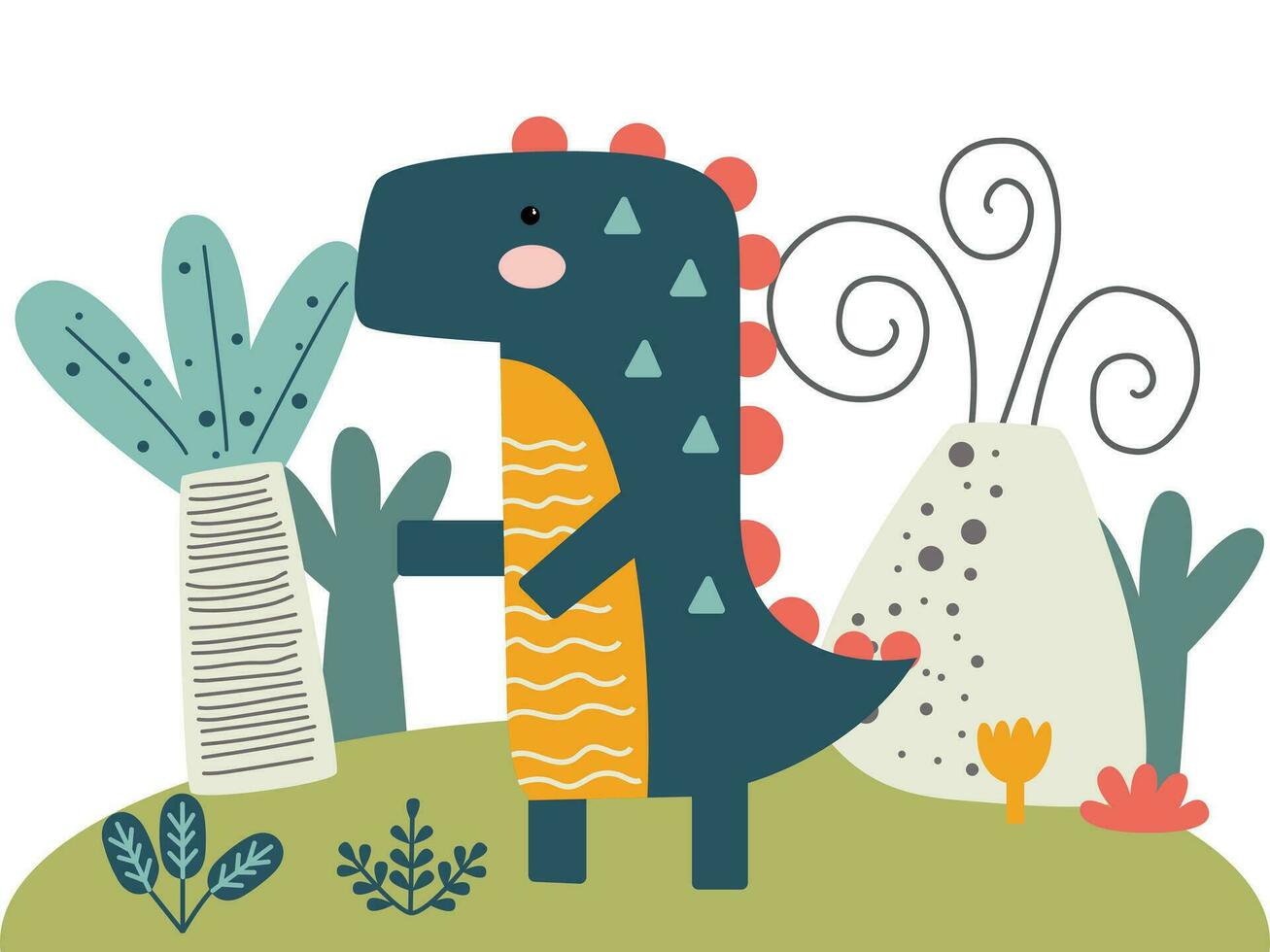 Set of cute baby jurassic dinosaurs, egg, leaf, volcano. Childish prehistoric dino paleontology. Brontosaurus and velociraptor, triceratops and tirex, tyrannosaurus and pterodactylus. vector