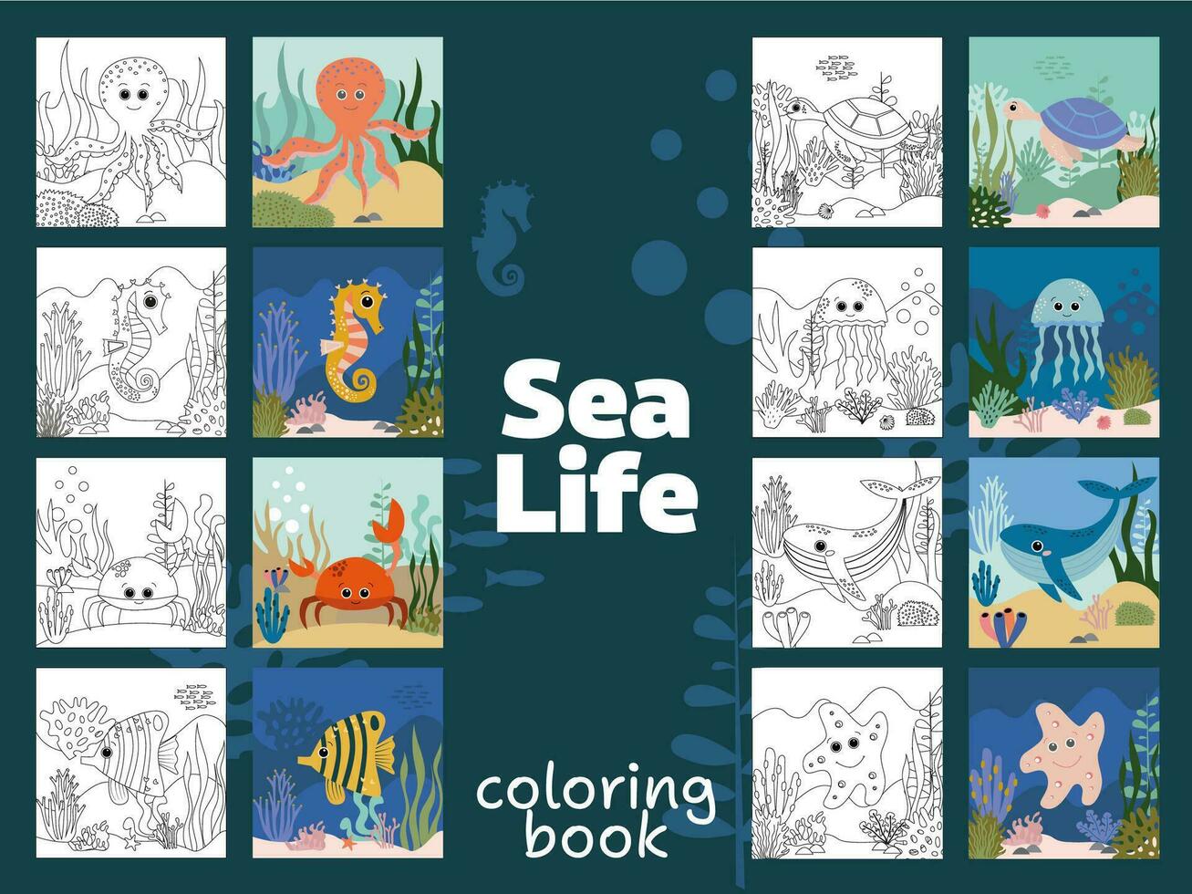 Colorful underwater world coloring pages with whales and starfish swimming with an octopus amongst the seaweed and rocks, vector cartoon illustration. Vector illustration