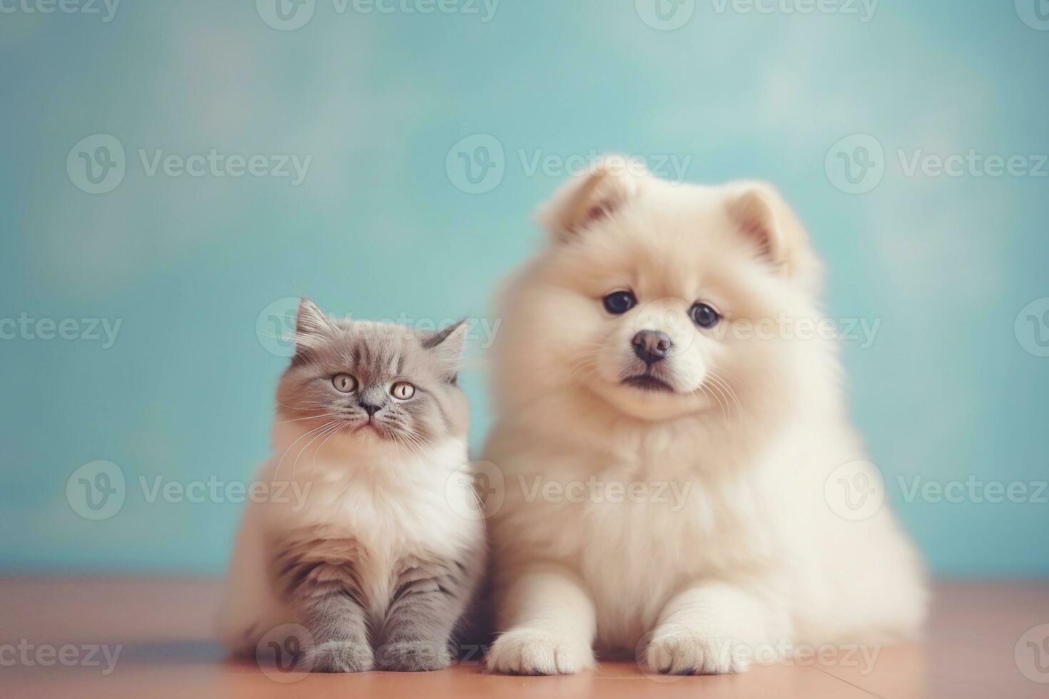 Cute fluffy cat and dog lying together. Pets on blue background, copy space. AI generated. photo