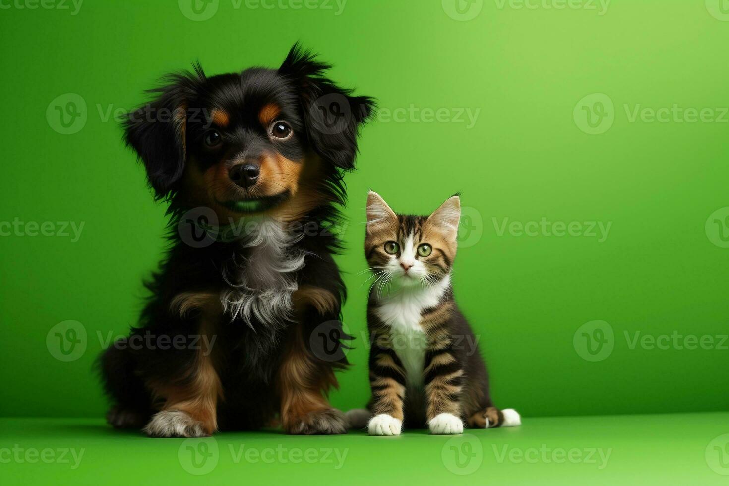 Cute tabby kitten and black puppy sitting together. Pets on green background, copy space. AI generated. photo