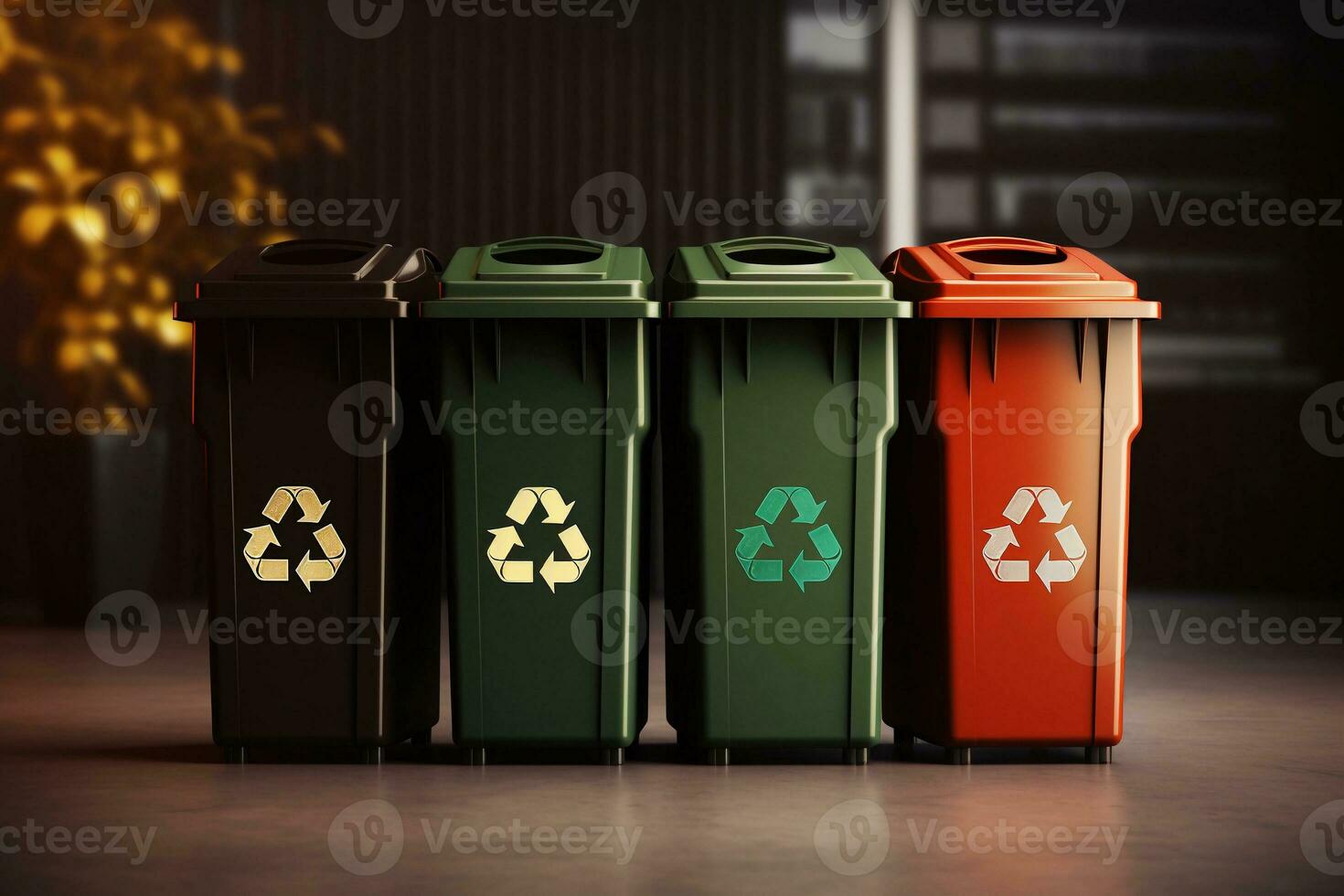 Row of multicolored trash cans with recycle symbols on them. Eco recycling concept. AI generated. photo