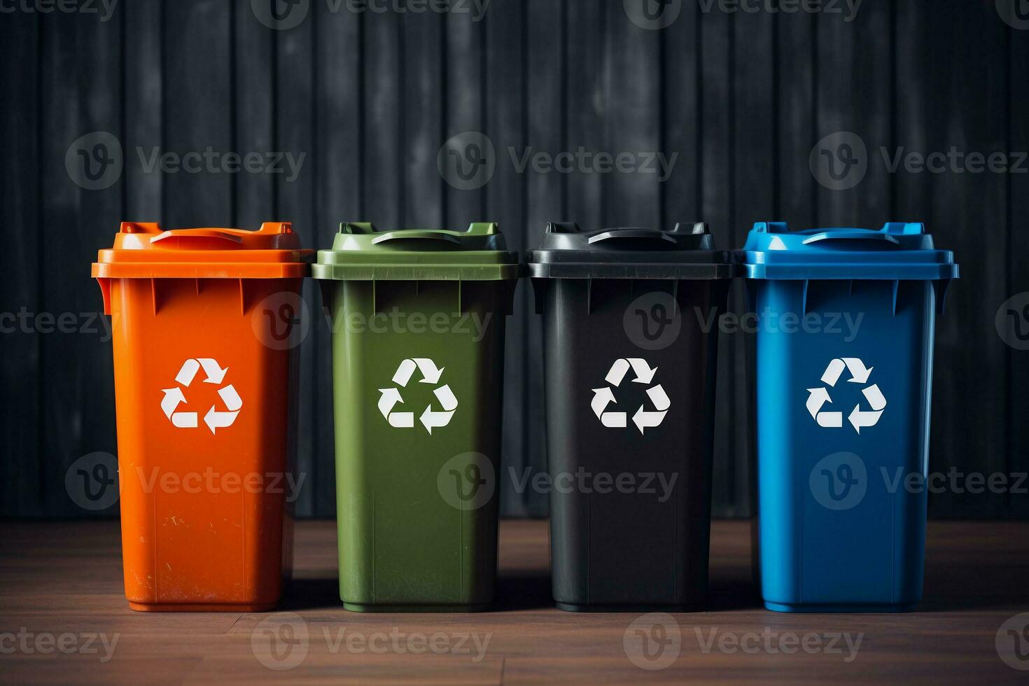 Multicolored trash cans with recycle symbols on them on wooden background. Eco recycling concept. AI generated. photo