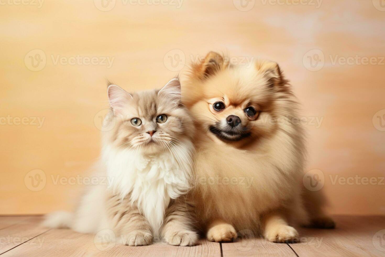 Cute fluffy cream-colored cat and red dog lying together. Pets on orange background, copy space. AI generated. photo
