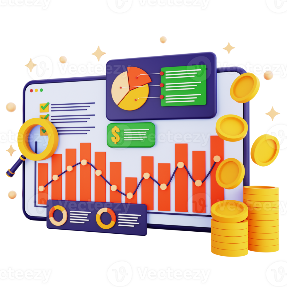 3d icon tablet market analysis with money isolated on the transparent background png