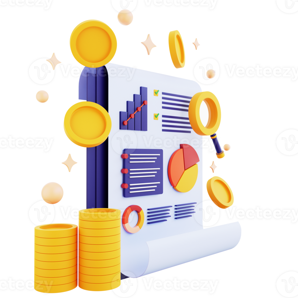 3d icon financial report with money isolated on the transparent background png