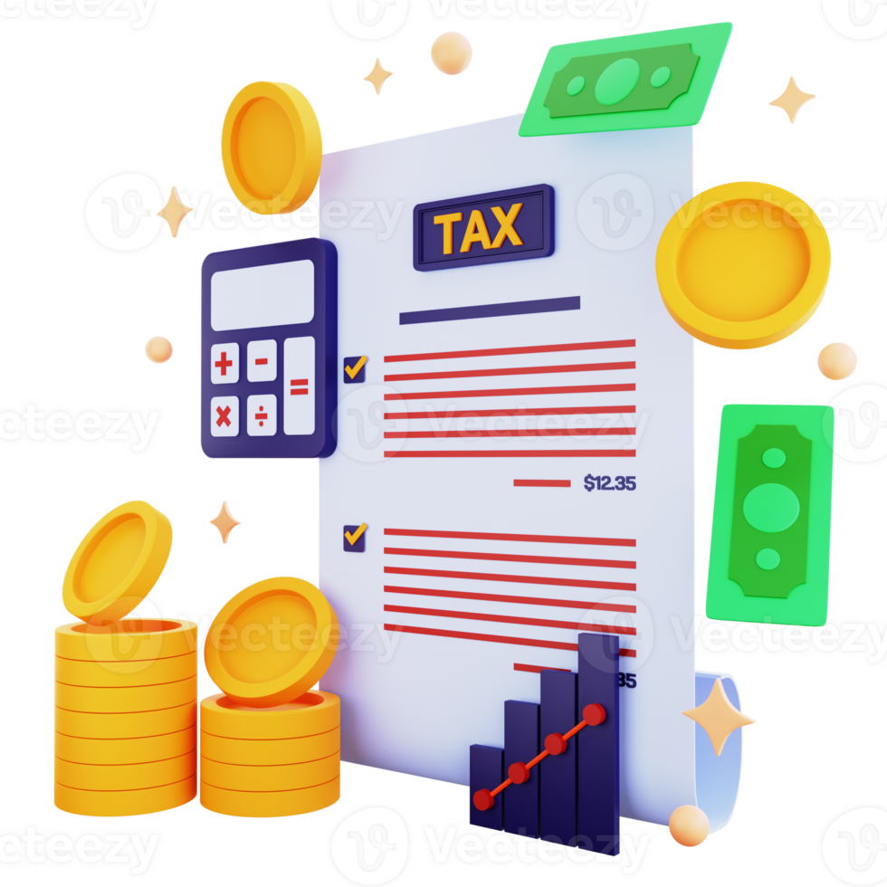 3d icon tax with money and calculator isolated on the transparent background png