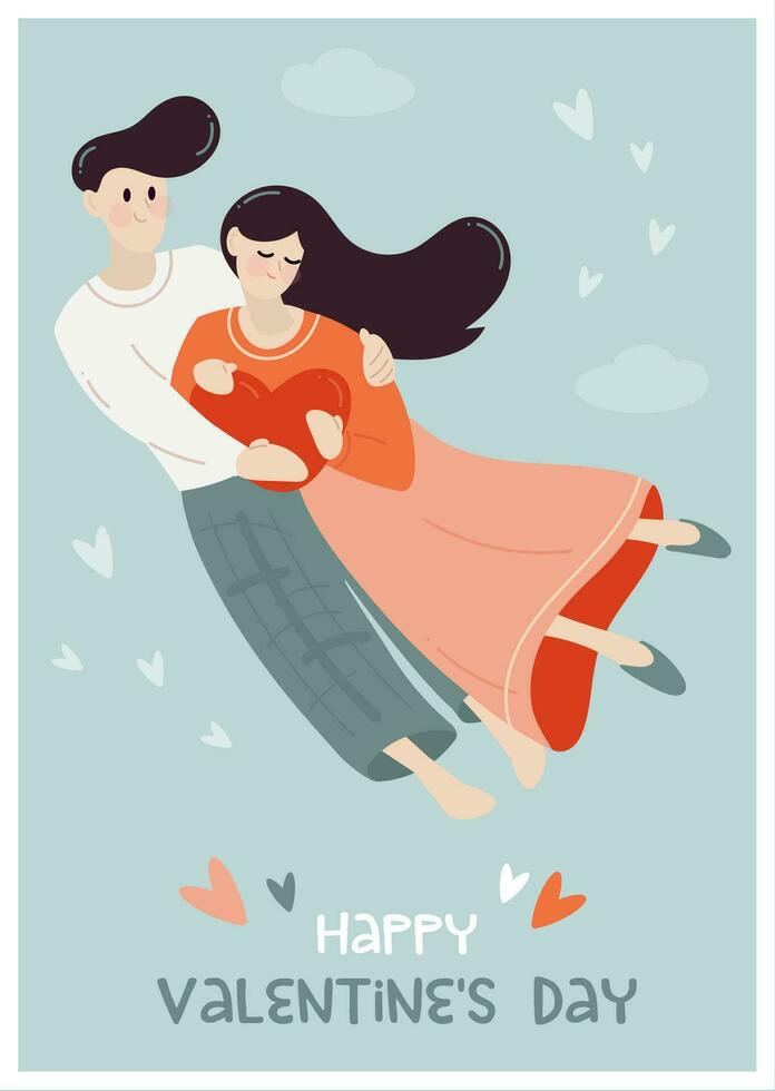 Happy valentines day greeting card with flying couple vector