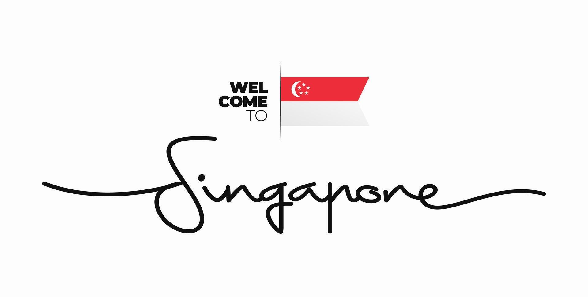 Welcome to Singapore modern calligraphic text. Singapore handwritten with flag isolated on white background. Hand drawn lettering style, script, line drawing, signature. Vector Illustration