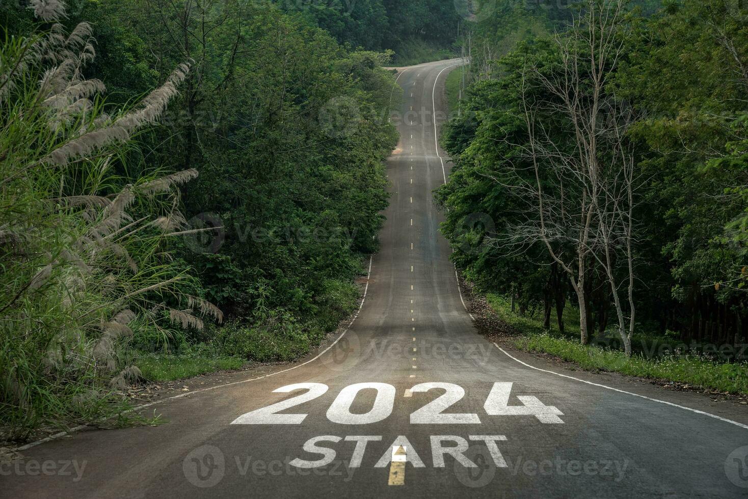 Happy new year 2024,2024 symbolizes the start of the new year. The letter start new year 2024 on the road in the nature route roadway have tree environment ecology or greenery wallpaper concept. photo