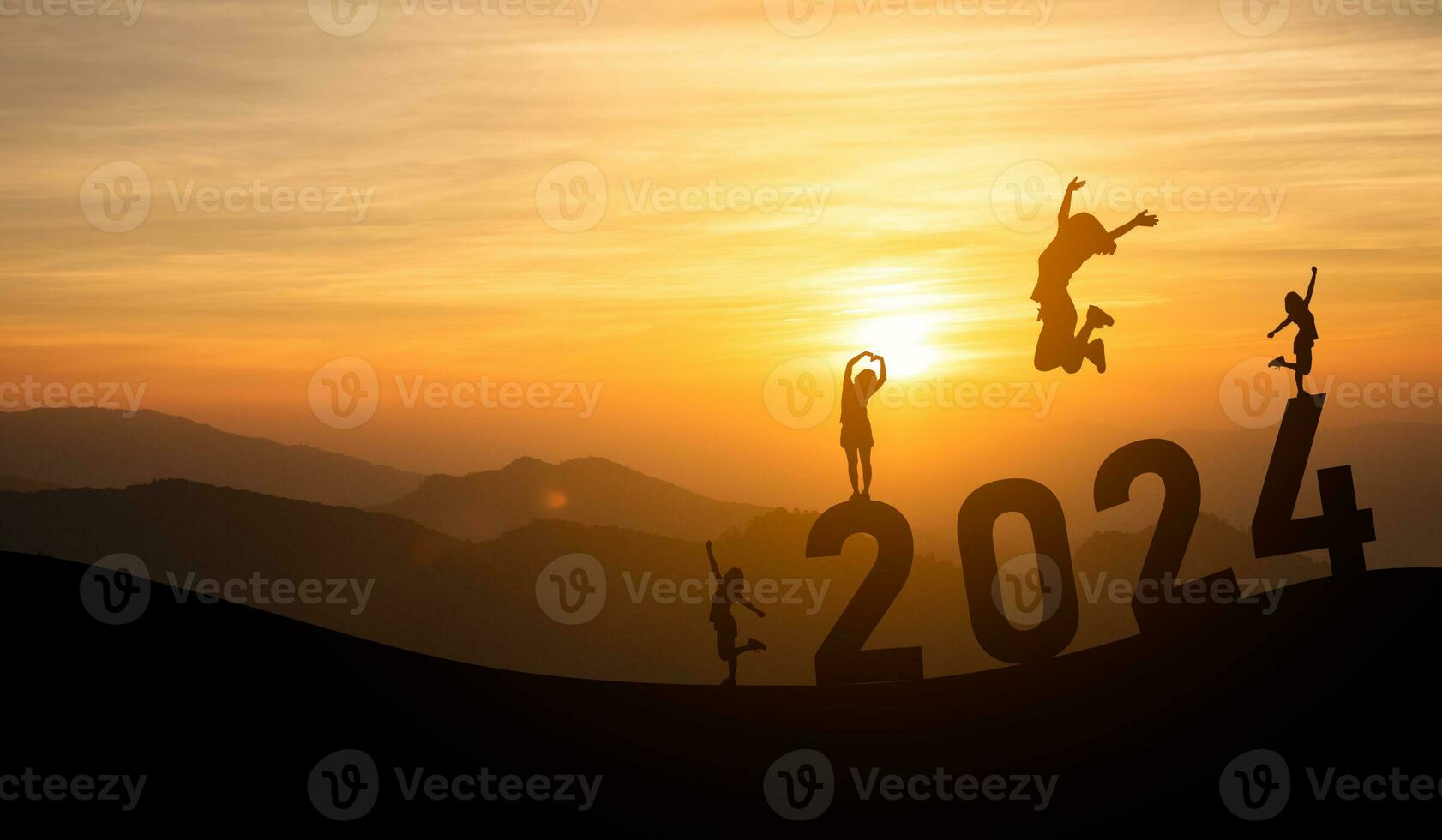 Woman jump happy new year 2024 concept, silhouette of woman jumping over barrier cliff and success with beautiful sunset background. Happy New Year 2023 use for web banner and advertisement. photo