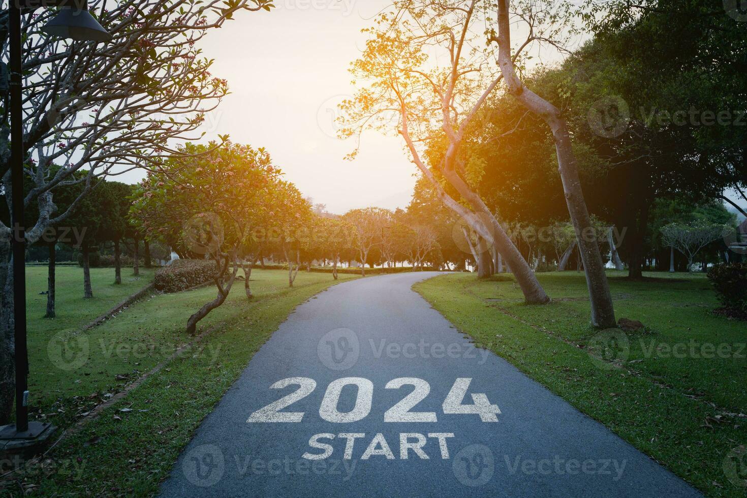 Happy new year 2024,2024 symbolizes the start of the new year. The letter start new year 2024 on the road in the nature route roadway have tree environment ecology or greenery wallpaper concept. photo