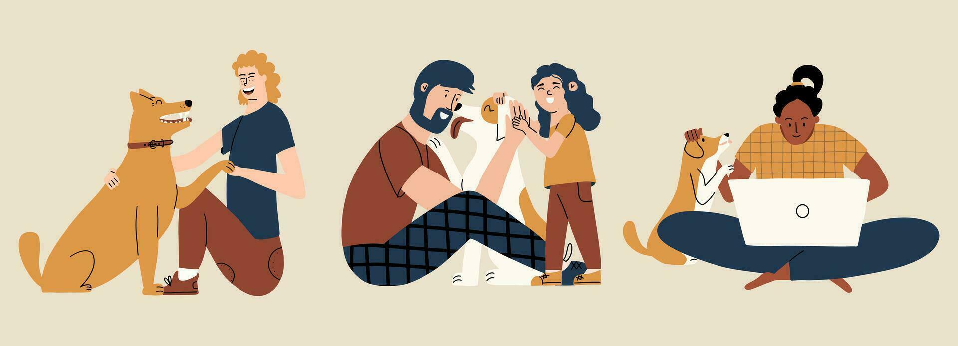 Set with People spending time with their pets. Hand draw illustration vector