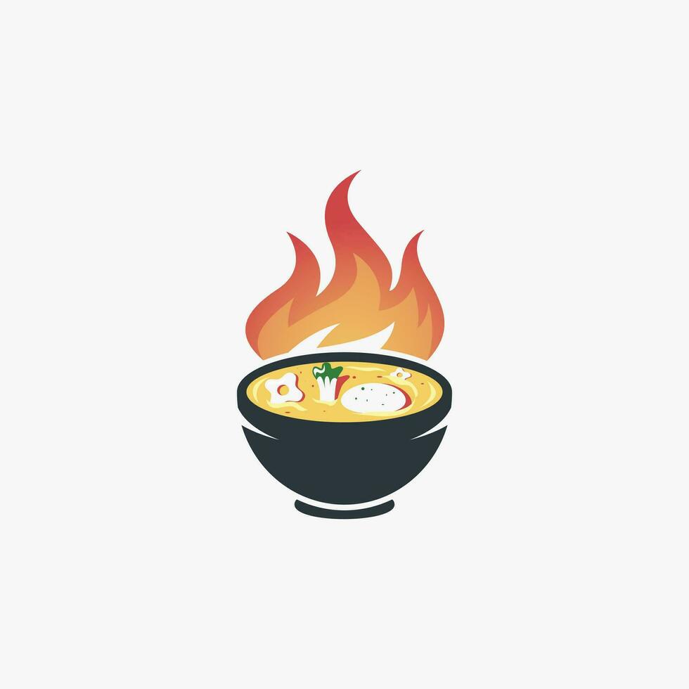 Logo Illustration of a Bowl of Seblak with Fire Flat Vector Design Concept, Good for Foods and Restaurant Logo.