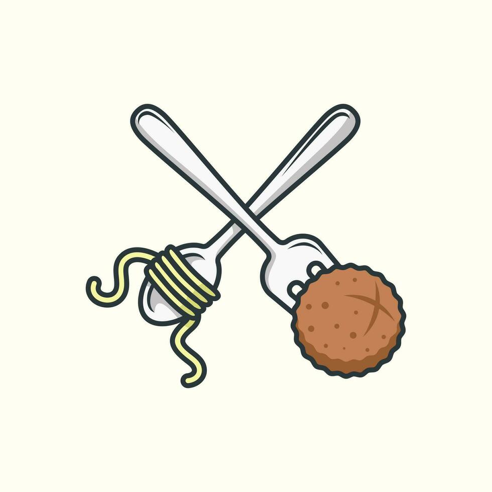 Logo Illustration of Spoon and Fork with Noodle and Meatball for Bakso Indonesian Street Food Logo Design Concept. vector
