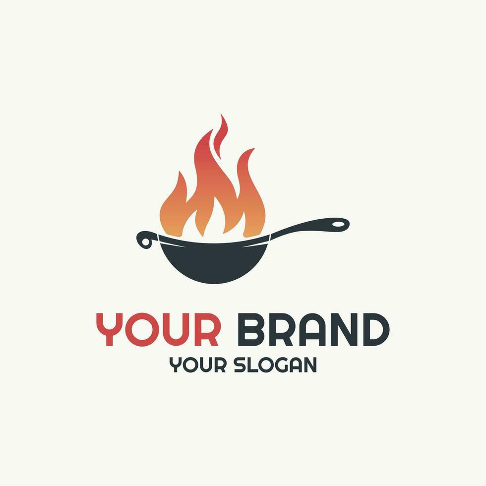 Fire and Wok Logo Design Concept for Seblak or Other Foods and Restaurant Logo. Vector Illustration.