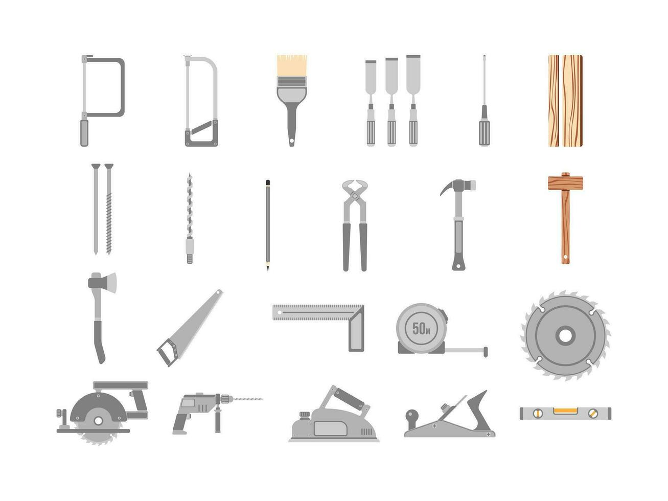 Carpenter's Tools Collection Flat Design Style. Work Support Equipment Vector Illustration on White Background.