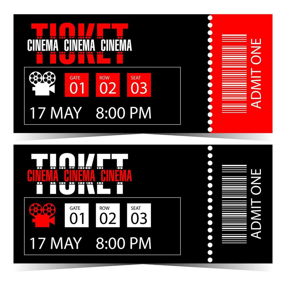 Cinema ticket in modern style to invite to watch the movie, at the film festival or cinematographic event. Invitation coupon, talon or voucher to the cinema suitable for web or ready to print. vector