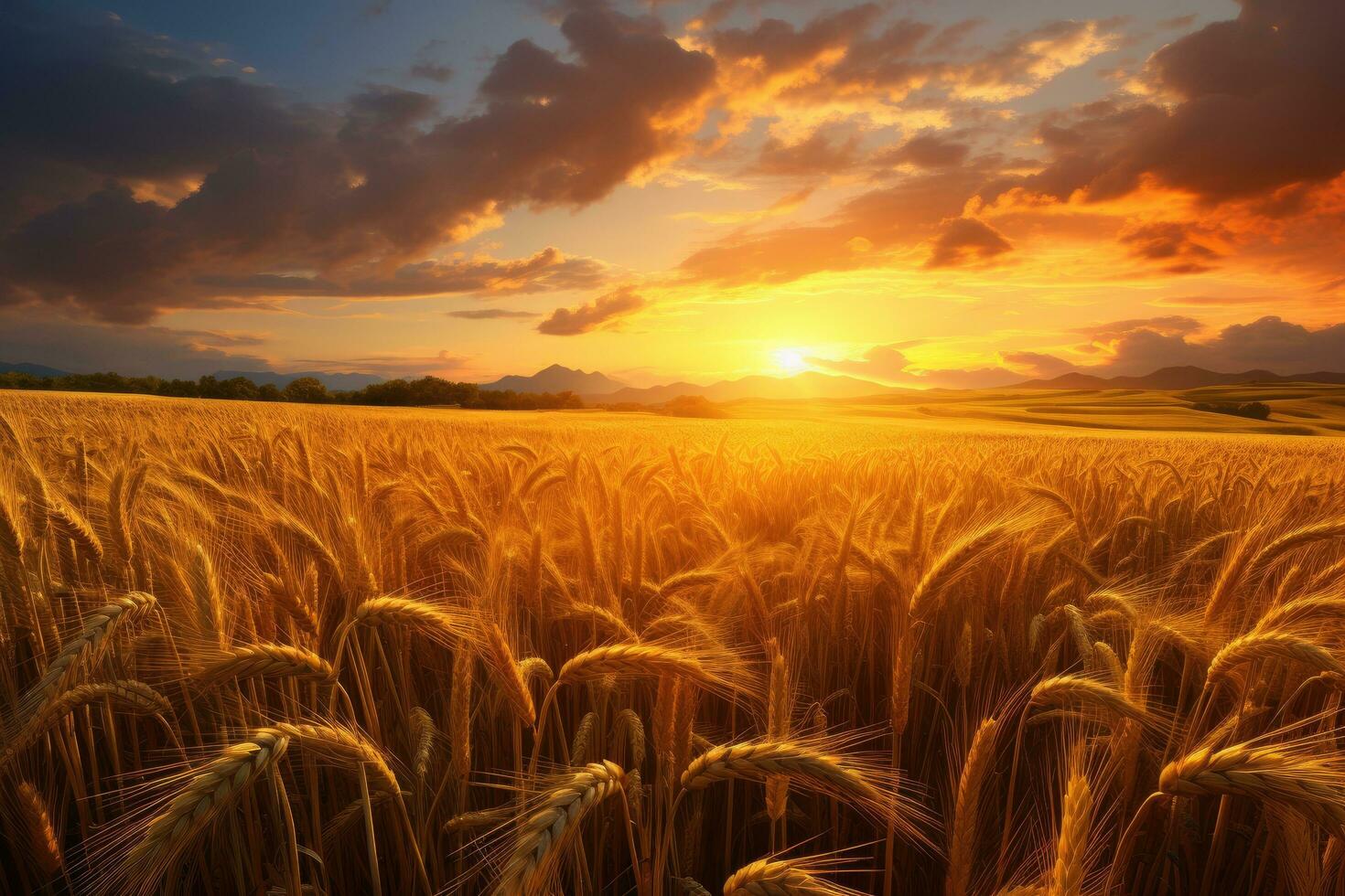 Sunset over wheat field in summer. Beautiful nature landscape with clouds, Rural landscape with wheat field on sunset, AI Generated photo