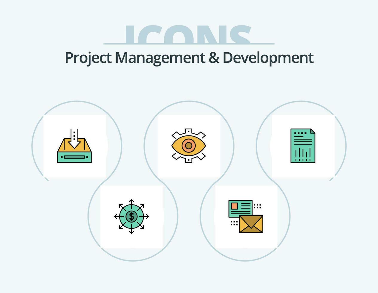 Project Management And Development Line Filled Icon Pack 5 Icon Design. document. mail. manager. list. conversation vector