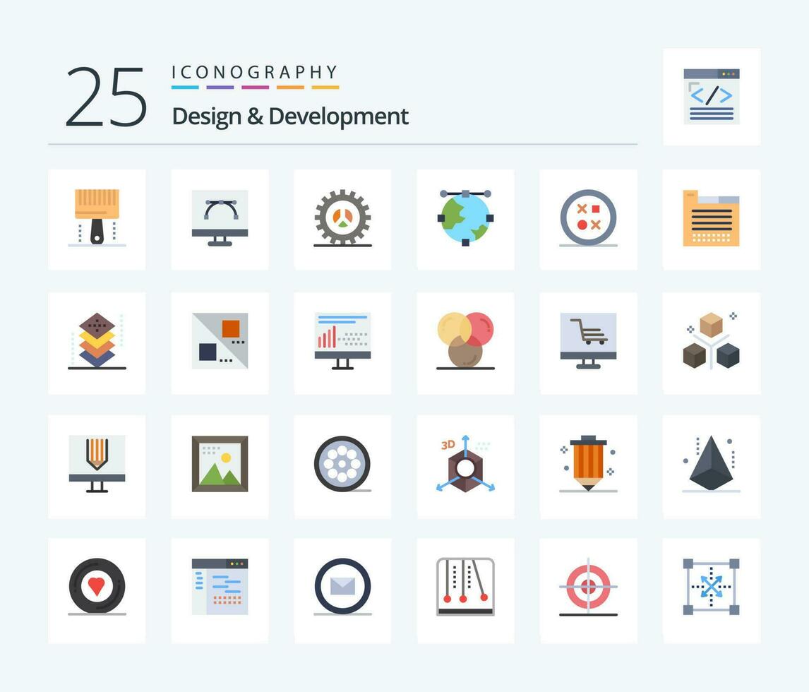 Design  Development 25 Flat Color icon pack including development. anchor. graphic design. web development. settings vector