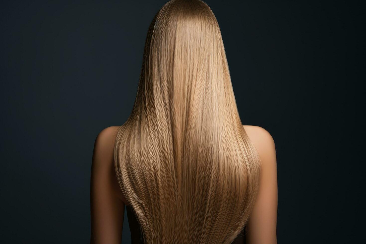 Beautiful long blond hair on a dark background. Back view, rear view of a Beautiful woman with long straight hair. Blond girl, AI Generated photo