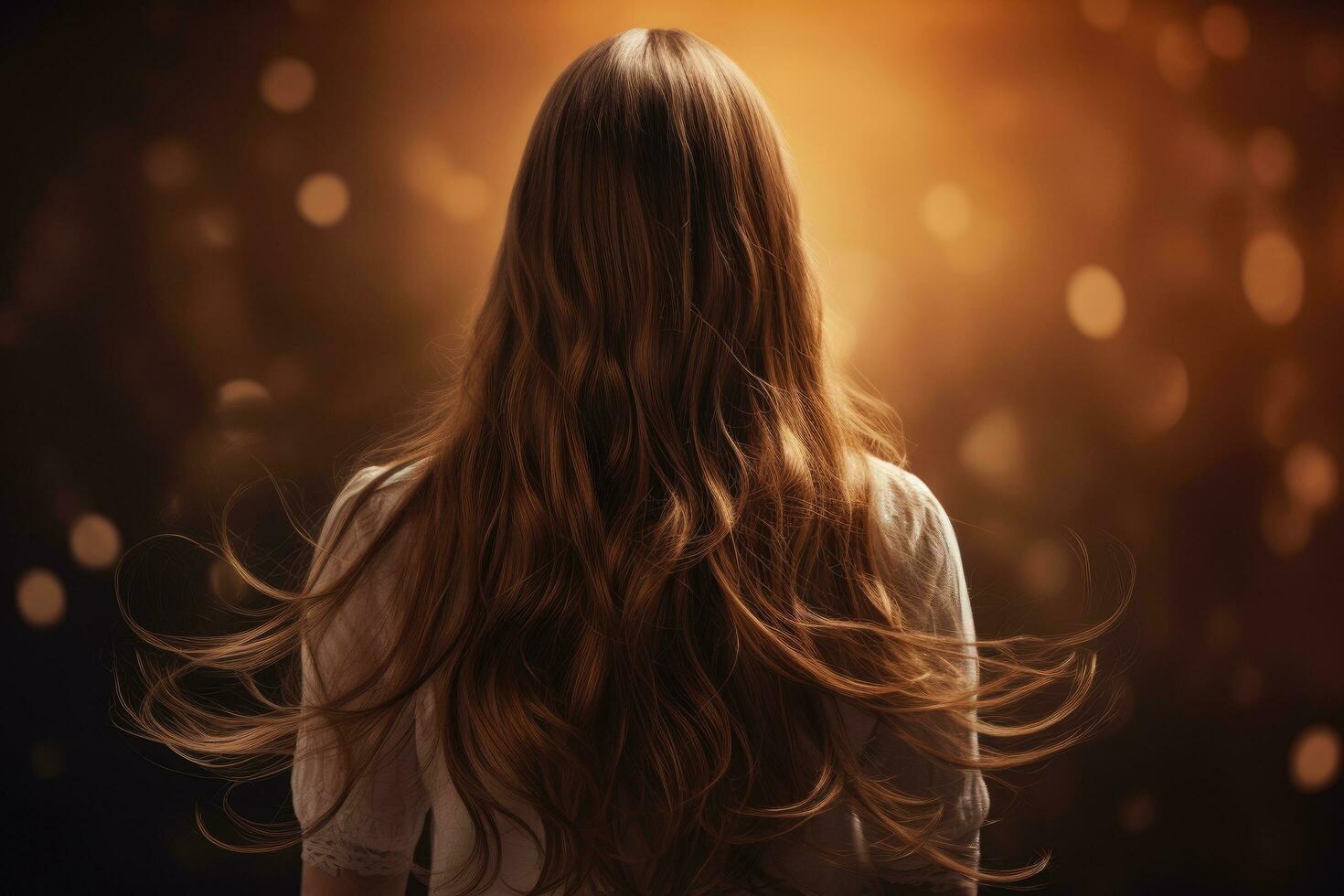 Back view of young woman with long hair. Blurred background, rear view of a Beautiful young woman with long hair. back view of a girl with flying hair, AI Generated photo