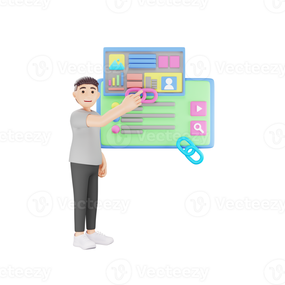 enlace edificio estrategia en 3d personaje ilustración - seo concepto para en línea promoción png