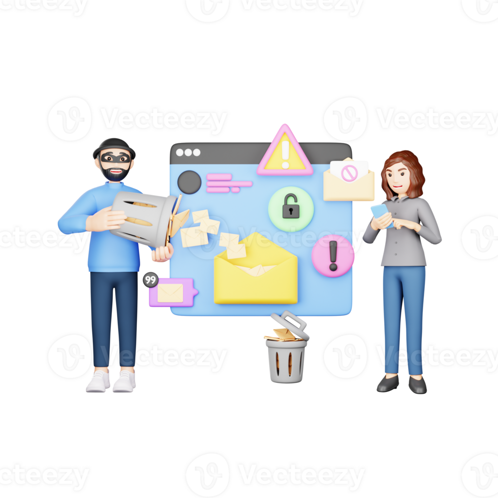 3D Character Illustration Deleting Spam Email - Digital Privacy in Action png