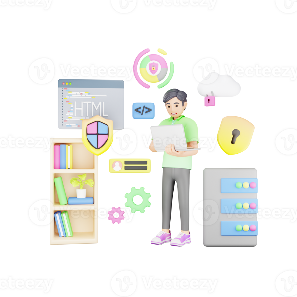 ciber seguridad desarrollador 3d personaje ilustración - proteger código y datos png