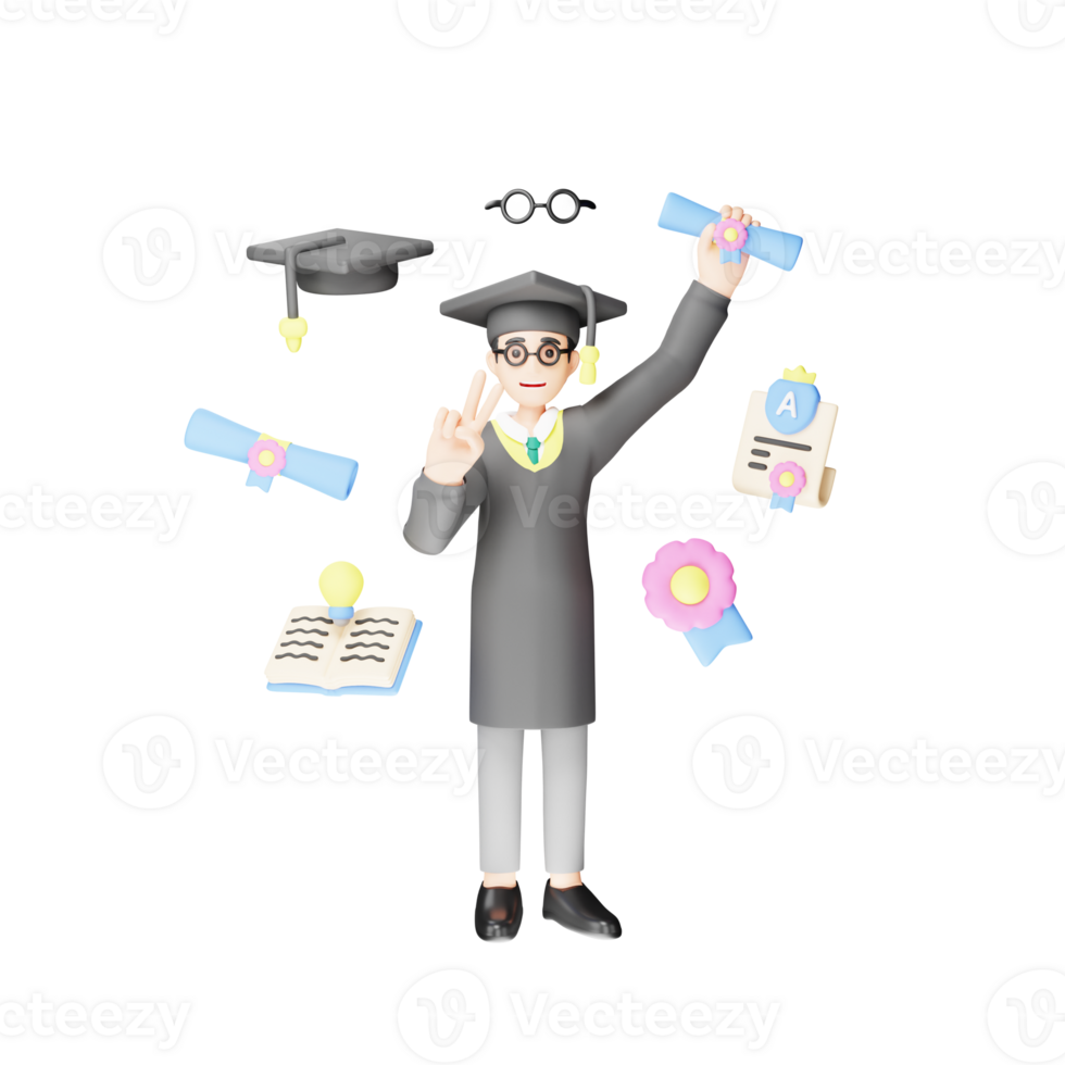 3D Character Illustration of Graduate Student with Diploma - Graduation Concept png