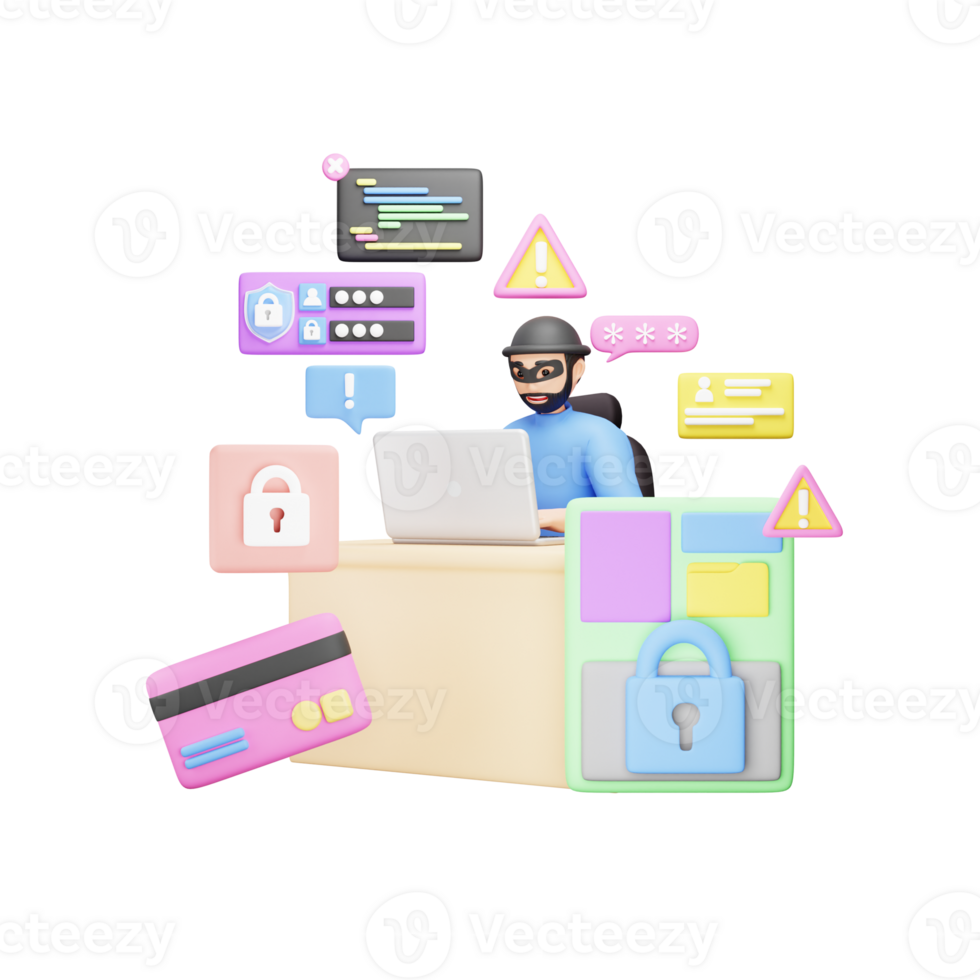 Hacker Stealing User Data - 3D Character Illustration of Cybercrime png