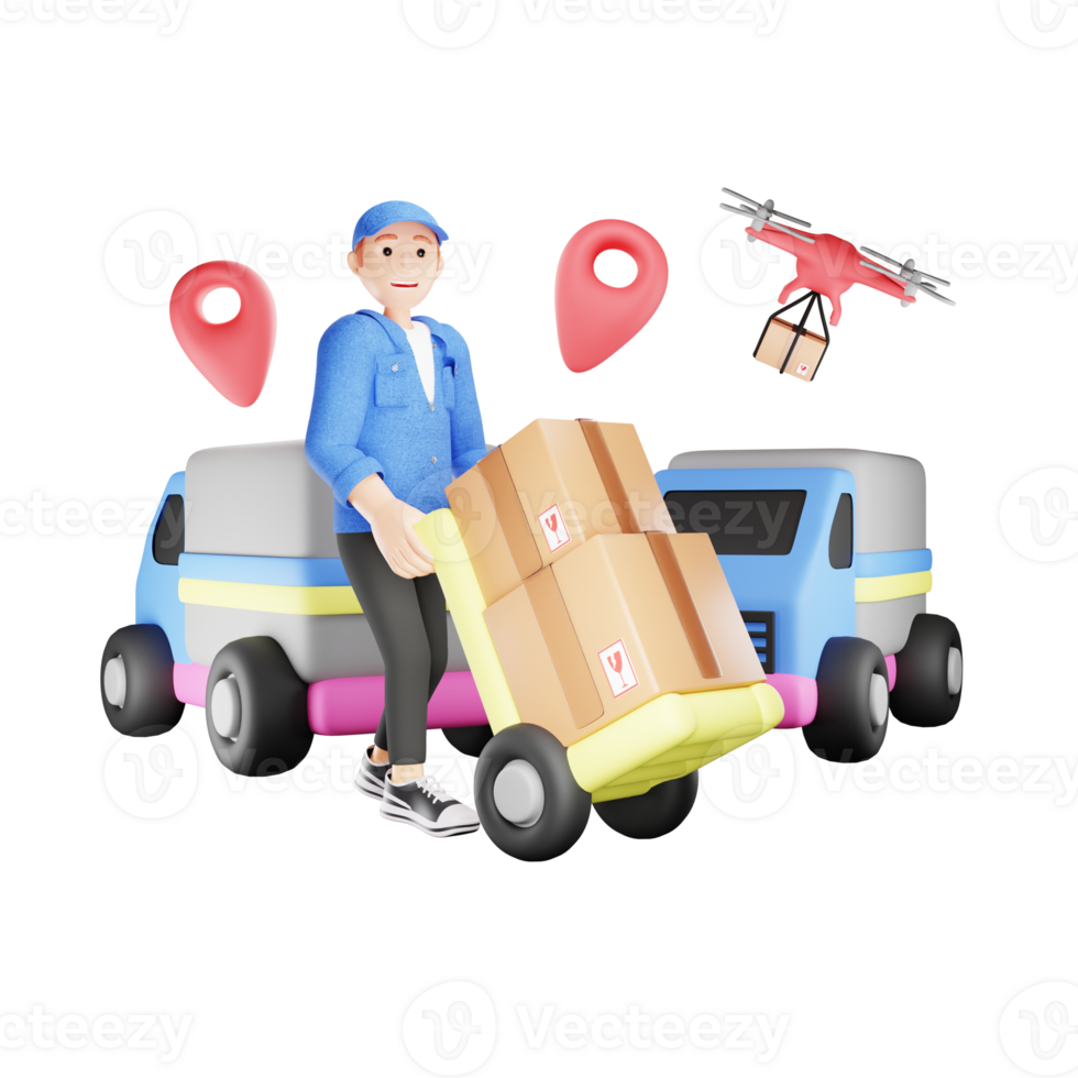 Fast and Reliable Delivery Service - 3D Illustration of Delivery Man and Truck png