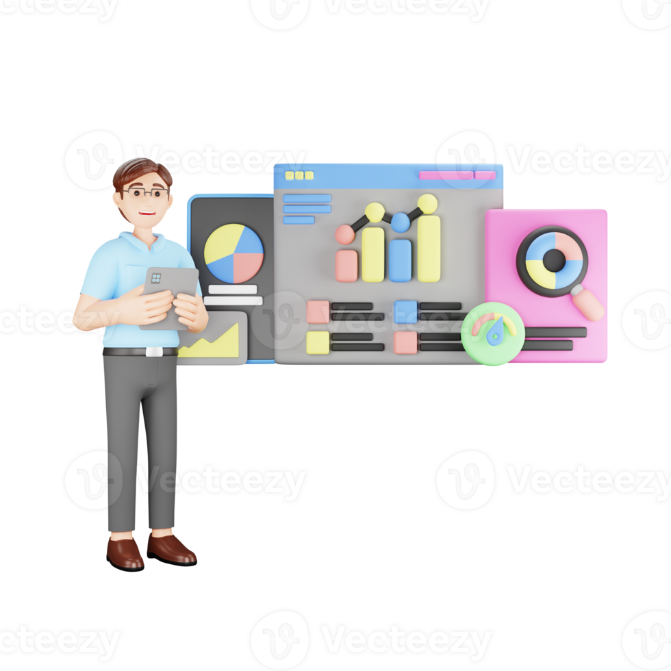 Netz der Verkehr Analyse 3d Charakter - - Freischalten Einsichten zum Digital Marketing Erfolg png