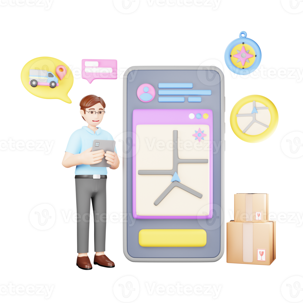 Man Tracking Delivery Location via Mobile App - 3D Character Illustration for Online Shopping png