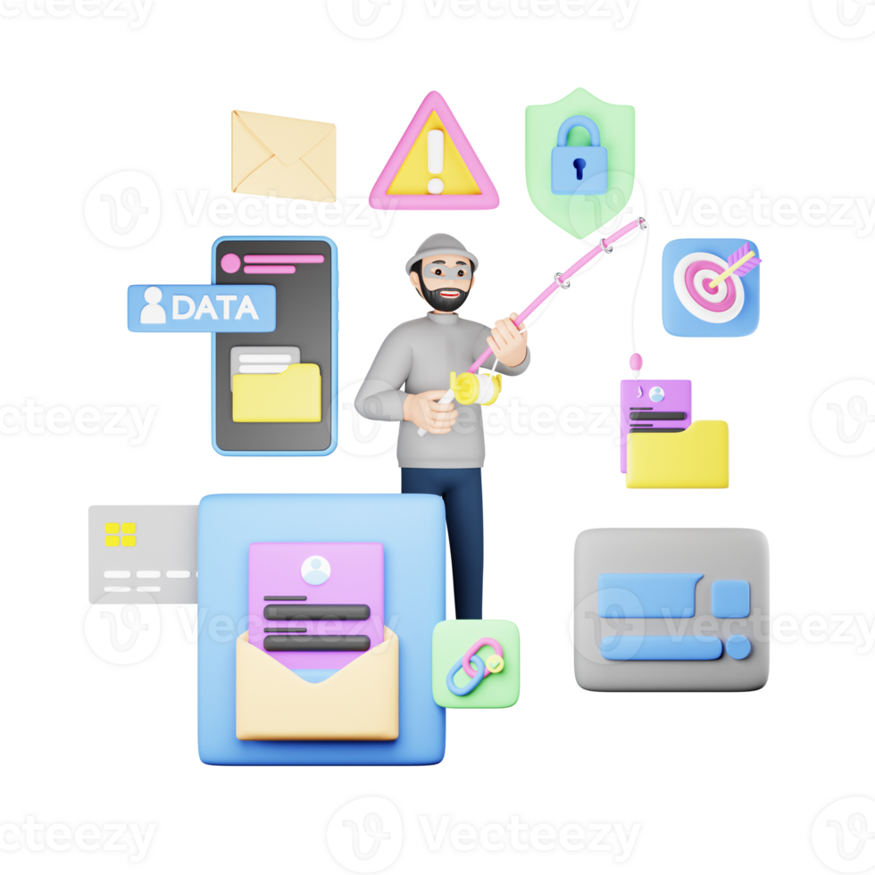 försvara mot nätfiske - 3d karaktär illustration på data stöld png