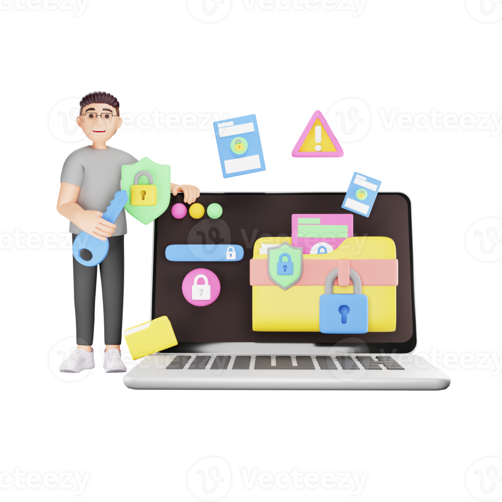 säkring personlig data - 3d karaktär illustration ser till data Integritet png