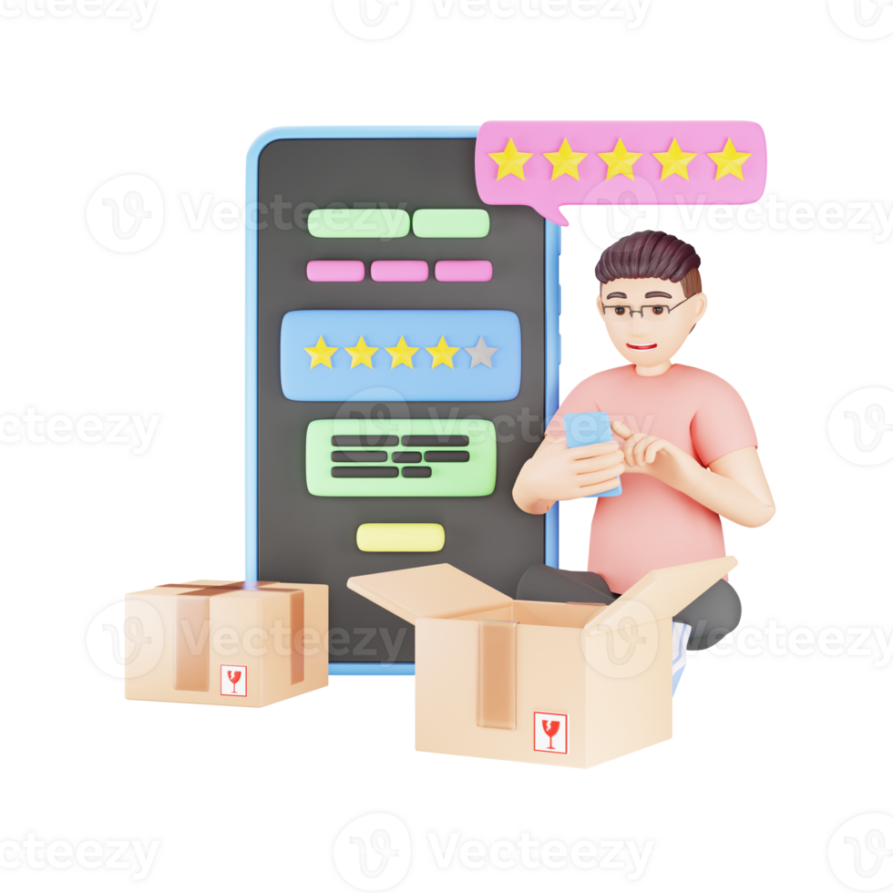 Customer Satisfaction - 3D Character Illustration of Man Giving 5 Star Review for Shipment png