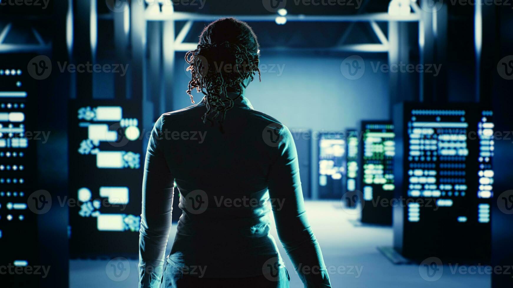 Skillful employee strolling around data center server rows, looking for damages in high tech workspace equipment designed to accommodate server units, networking systems and storage arrays photo