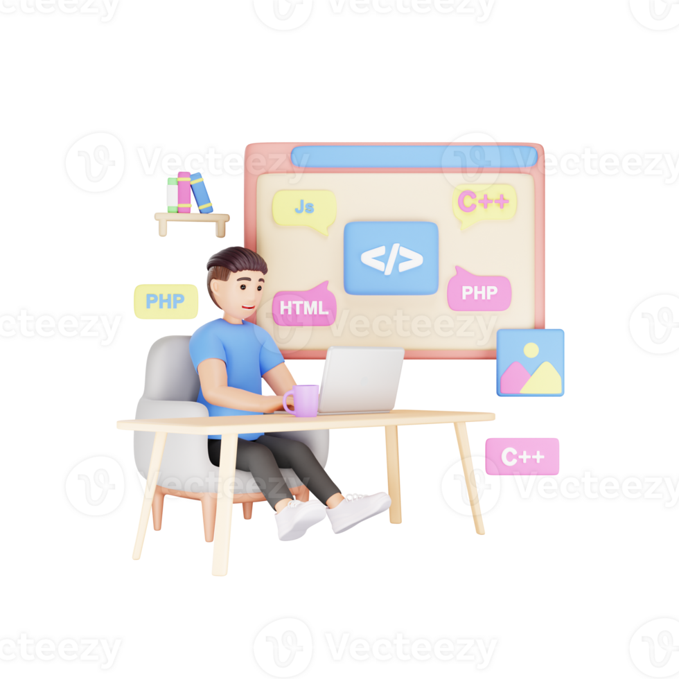 Full Stack Engineer Working Freelancing at Home 3D Character Illustration - Remote Tech Work png