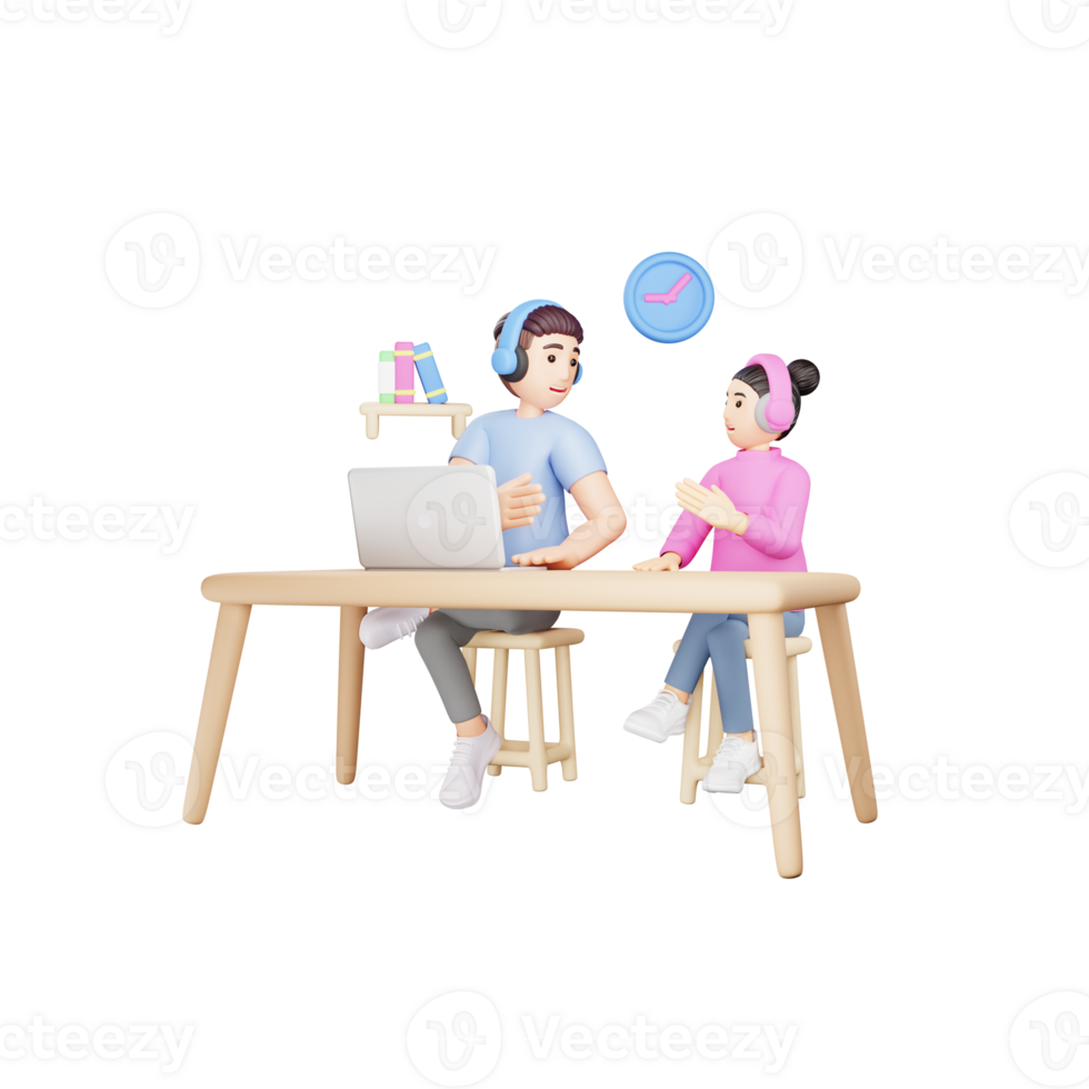 Young Man and Woman in 3D Cartoon Discussing Ideas - Teamwork Concept png