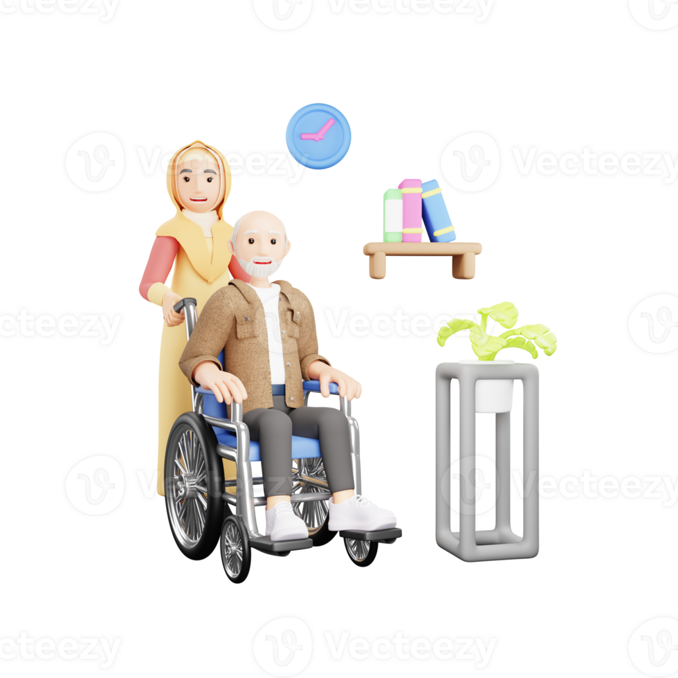 Caregiving Concept - Cartoon Character of Girl Assisting Old Aged Man in 3D png