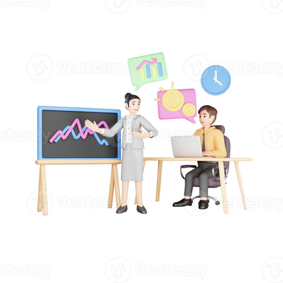 3D Character Illustration - Business Analytics Meeting and Data Analysis png