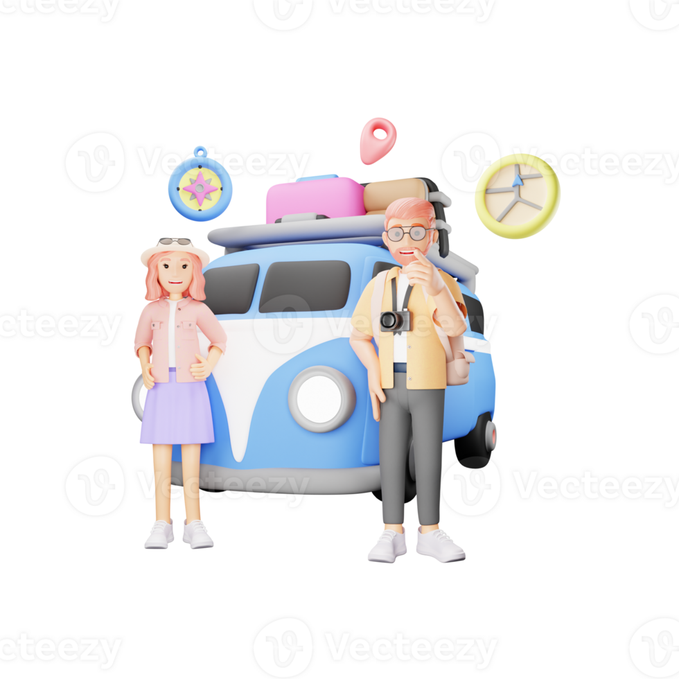 Couple's 3D Cartoon Character Road Trip Adventure - Travel Together in Style png