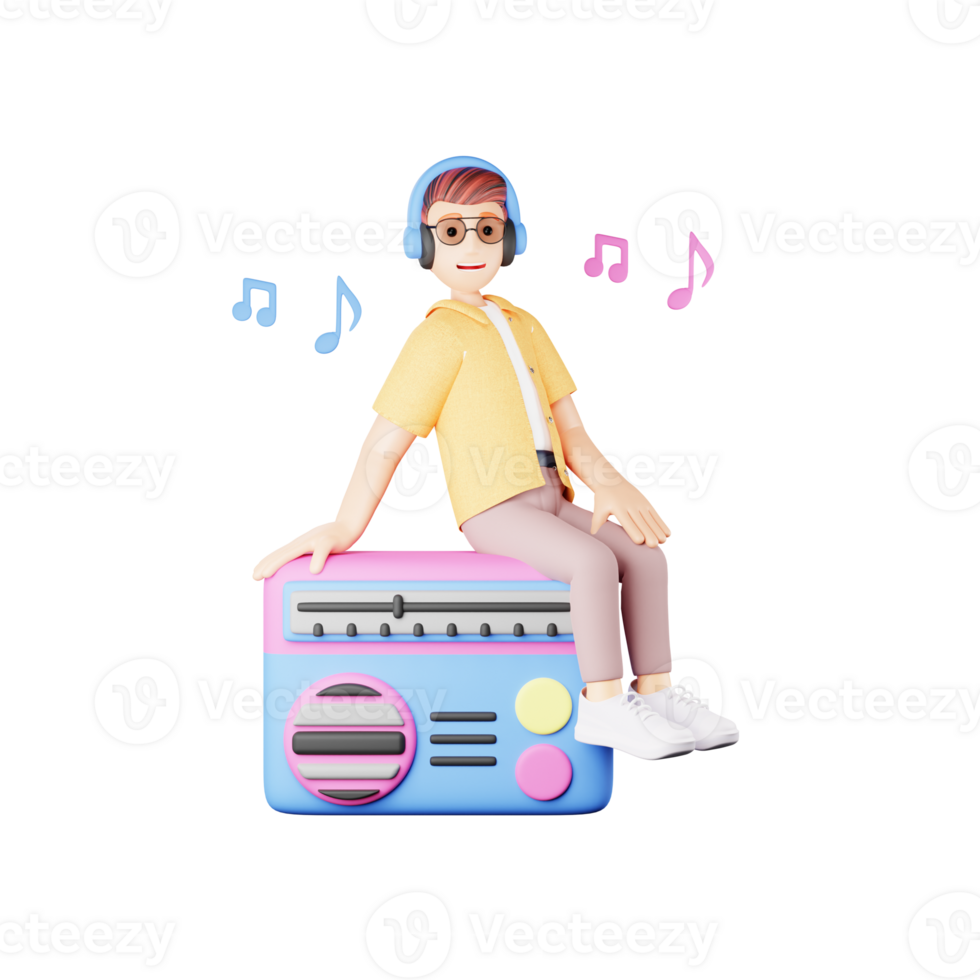 3D Cartoon Character Listening to Radio - Leisure and Entertainment Concept png