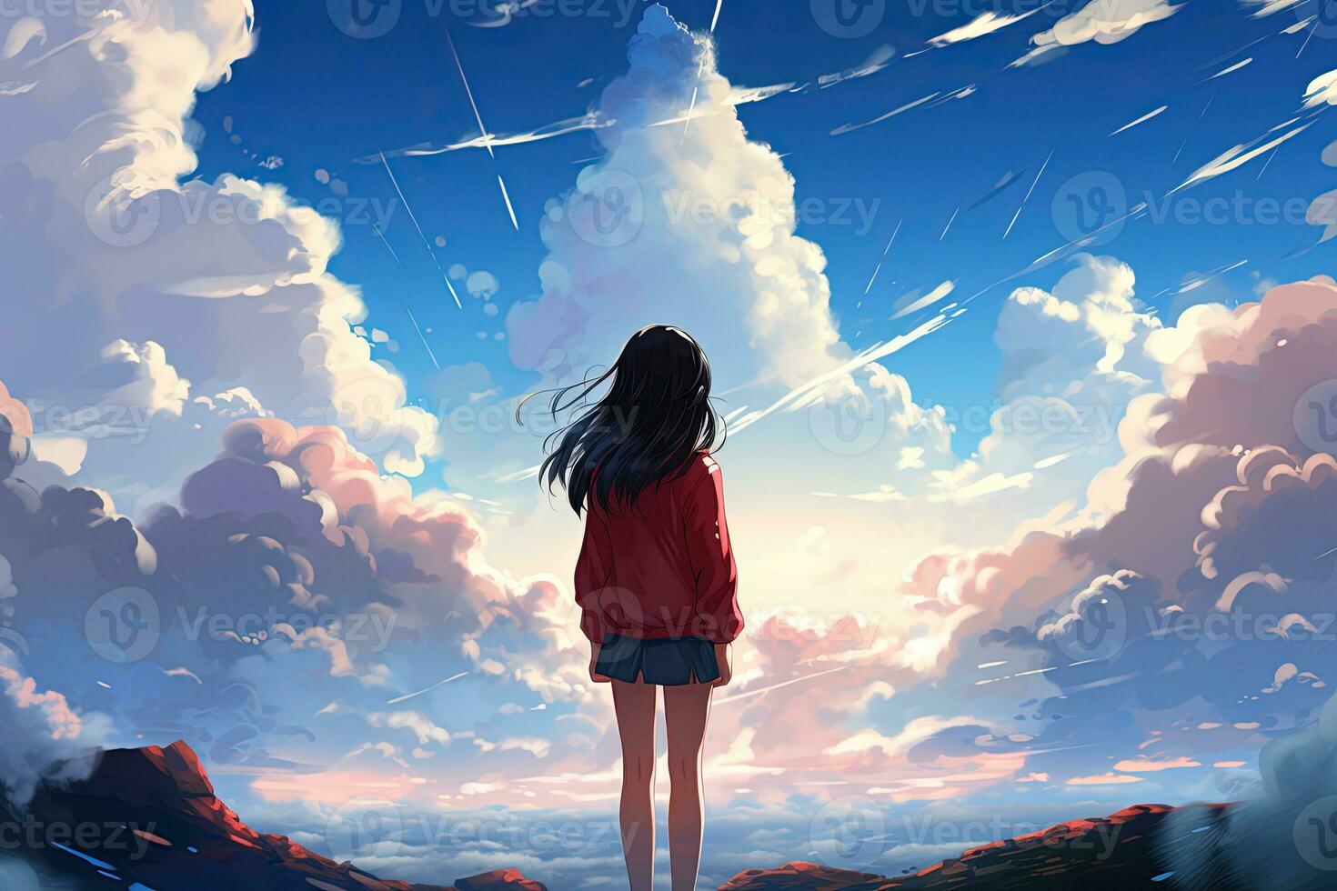 AI generated A girl looking out into the clouds. Anime style AI Generative photo