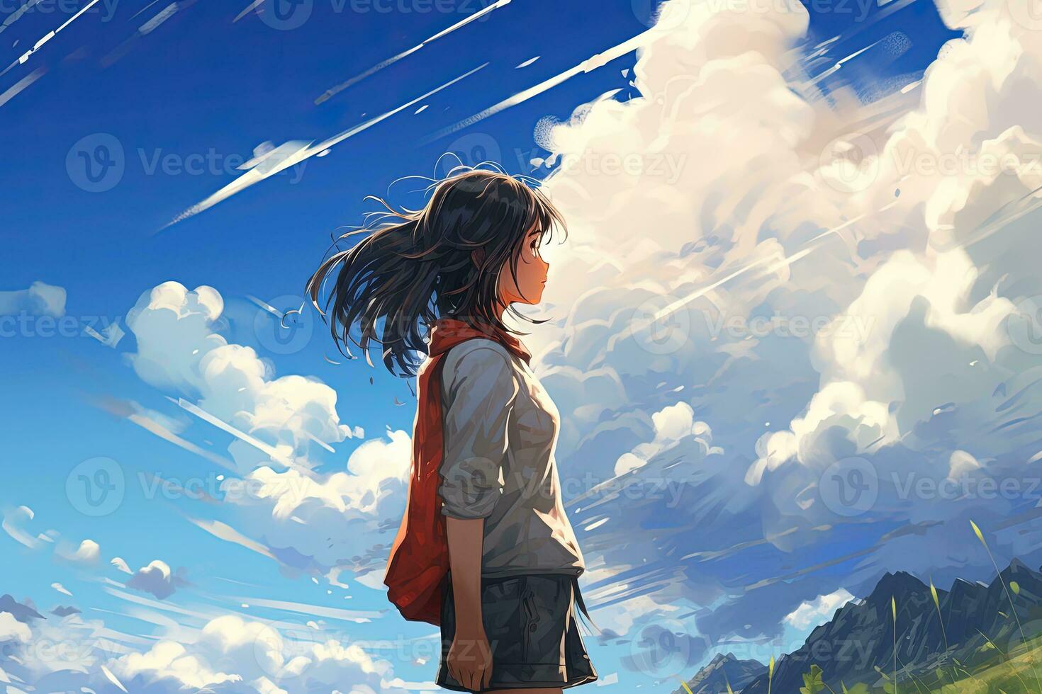 AI generated A girl looking out into the clouds. Anime style AI Generative photo
