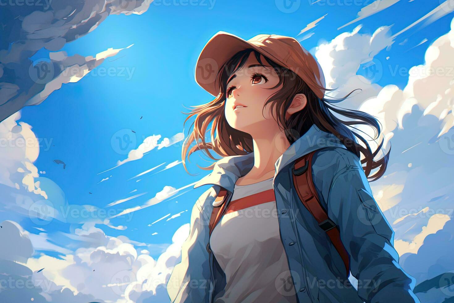 AI generated A girl looking out into the clouds. Anime style AI Generative photo
