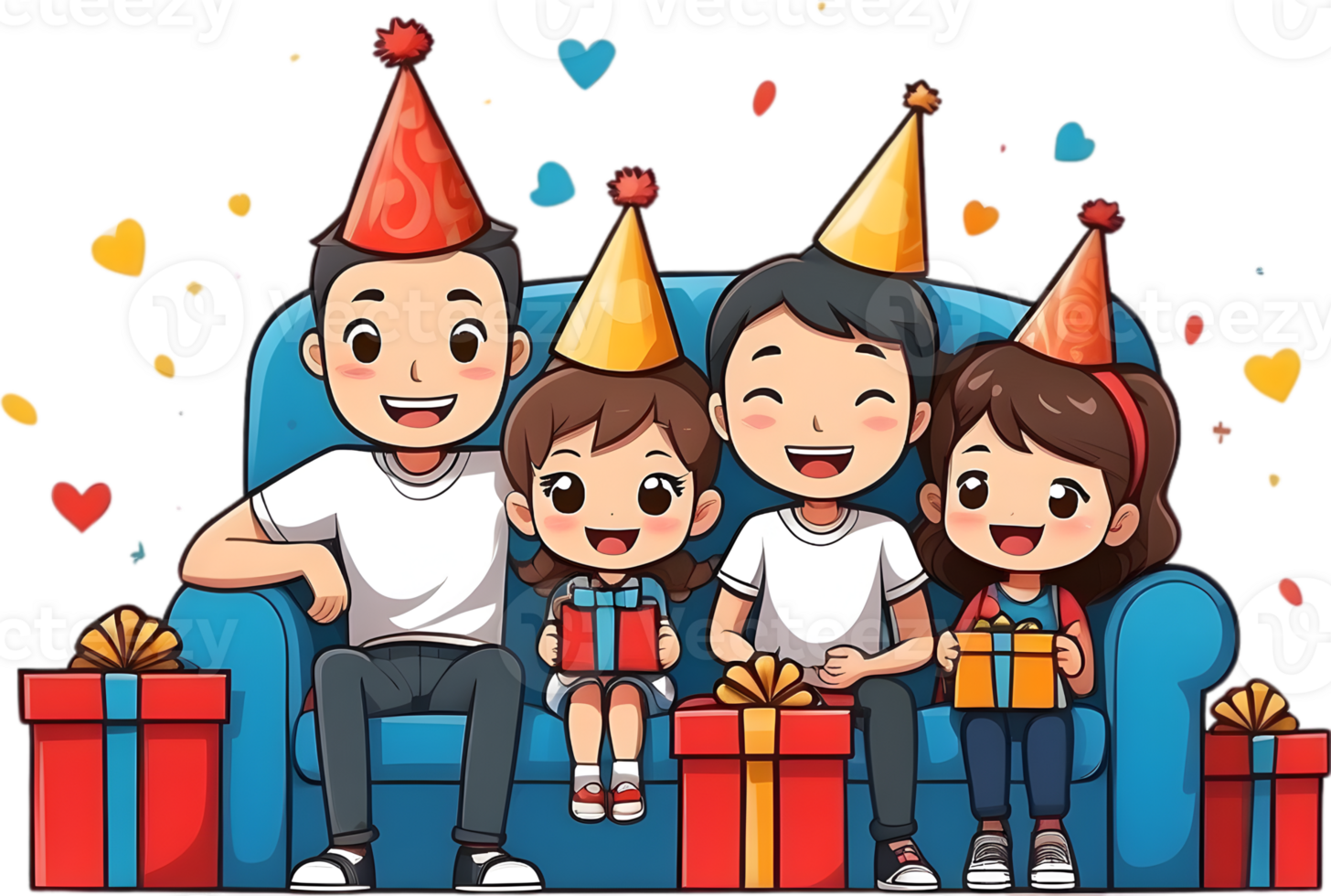 AI generated happy cartoon family sitting sofa with party hat ai generated png