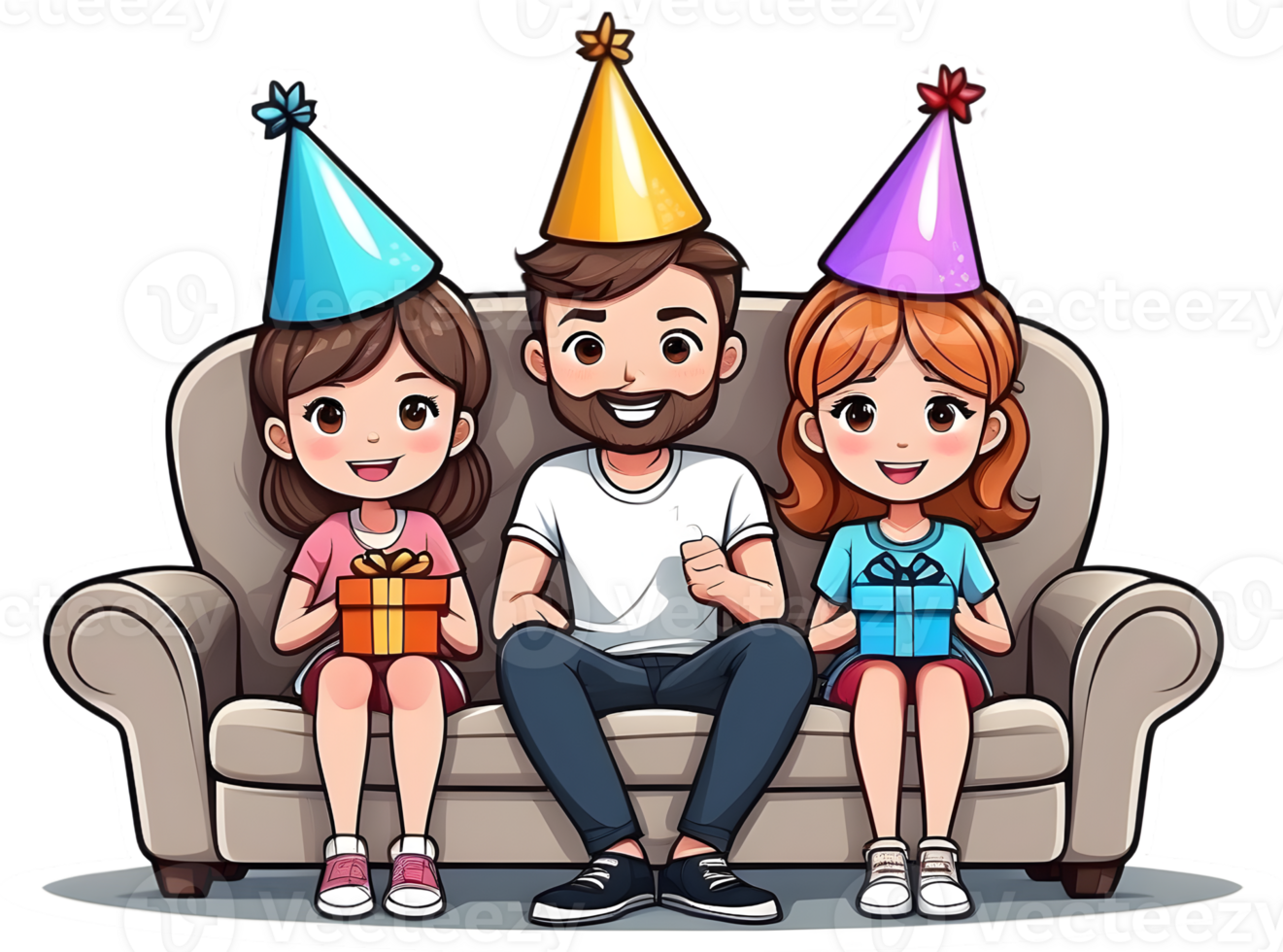 AI generated happy cartoon family sitting sofa with party hat ai generated png