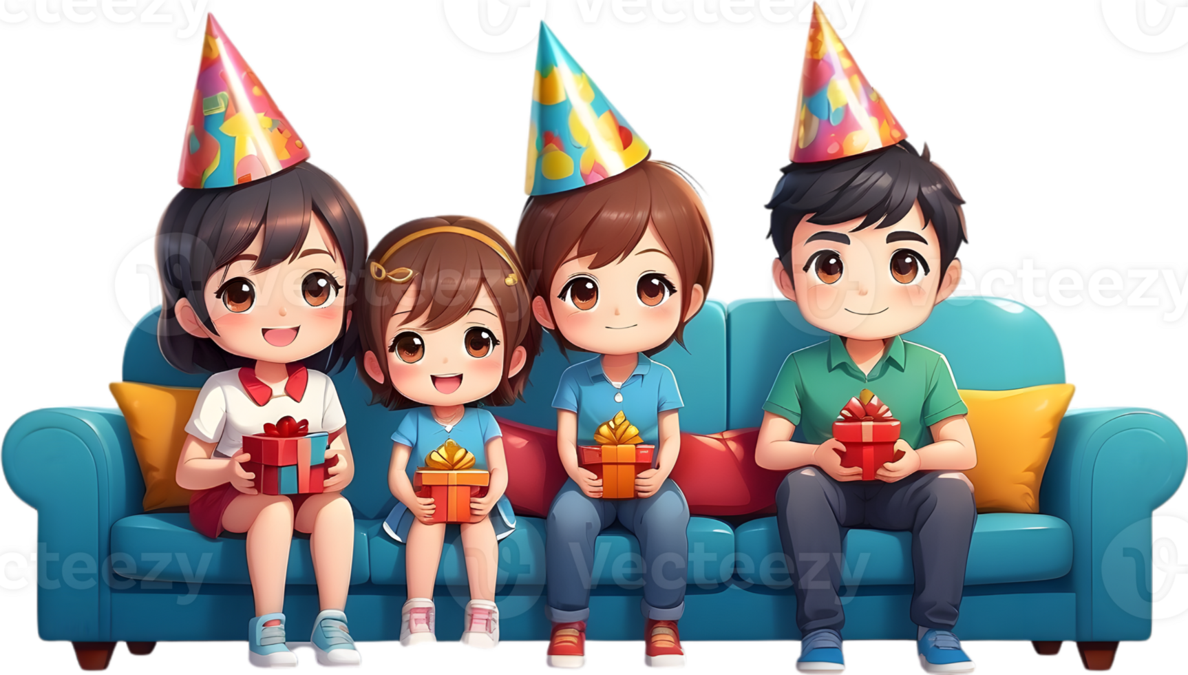 AI generated happy cartoon family sitting sofa with party hat ai generated png